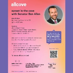 allcove sunset in the cove with Senator Ben Allen - Wednesday, November 29 from 3-4:30 PM at allcove Beach Cities